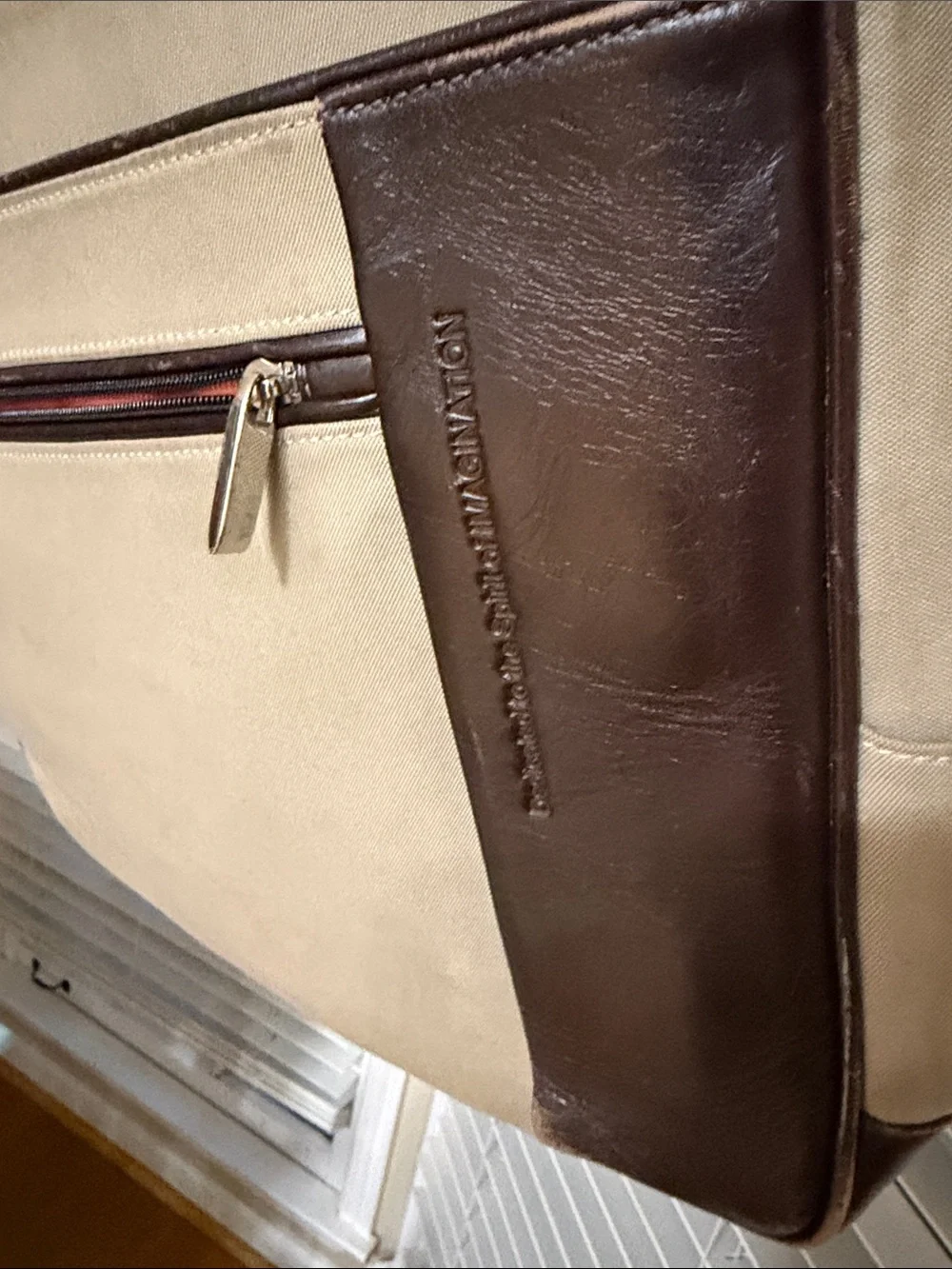 Tumi Beige Canvas Messenger with Brown Leather Trim